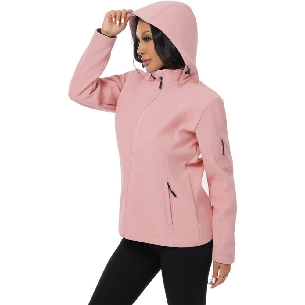 Women's Vest Hooded Jacket Coat Light Pink Fleece Winter Warm Zippered Pockets - Picture 7 of 9